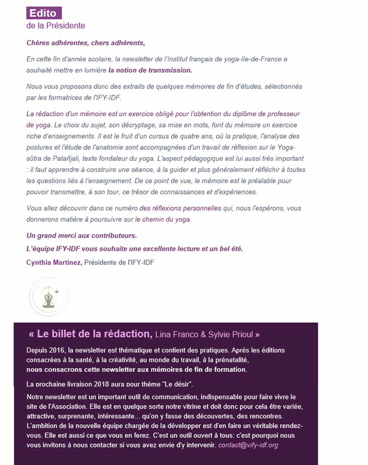 Newsletter juin 2018 newsletter Institut Français du Yoga IDF