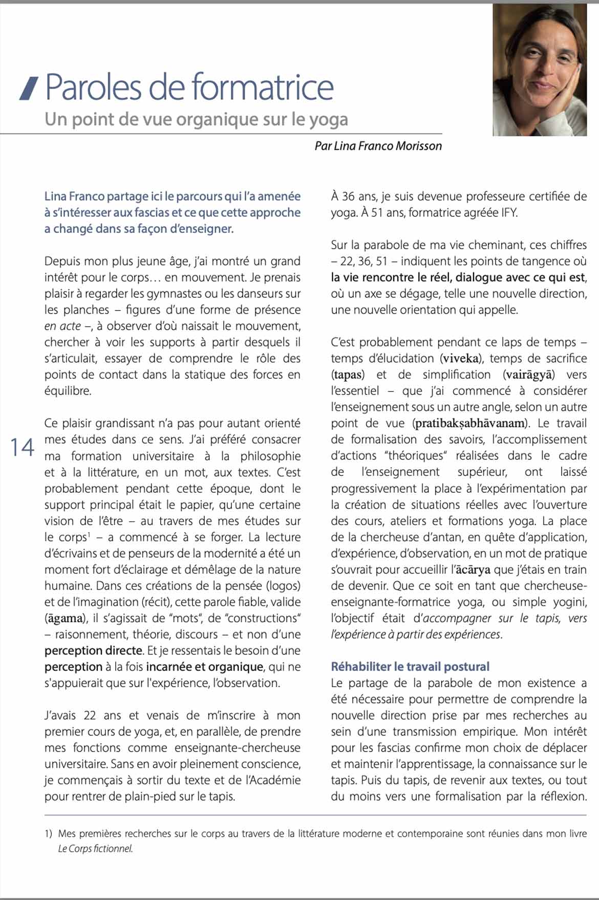 Article page 1 dans APERCU revue Yoga par Lina Franco