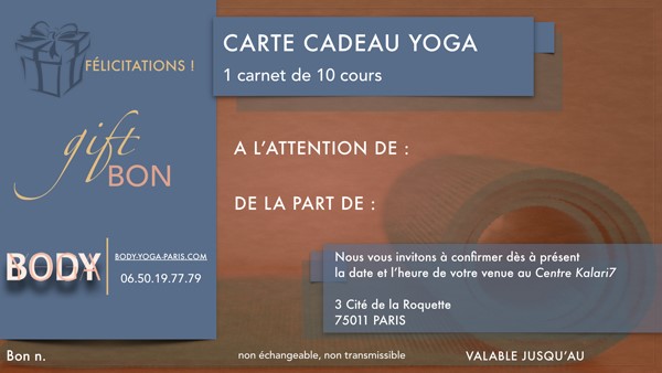 Idée cadeau originale: une carte cadeau de cours individuel de Yoga à Paris 11